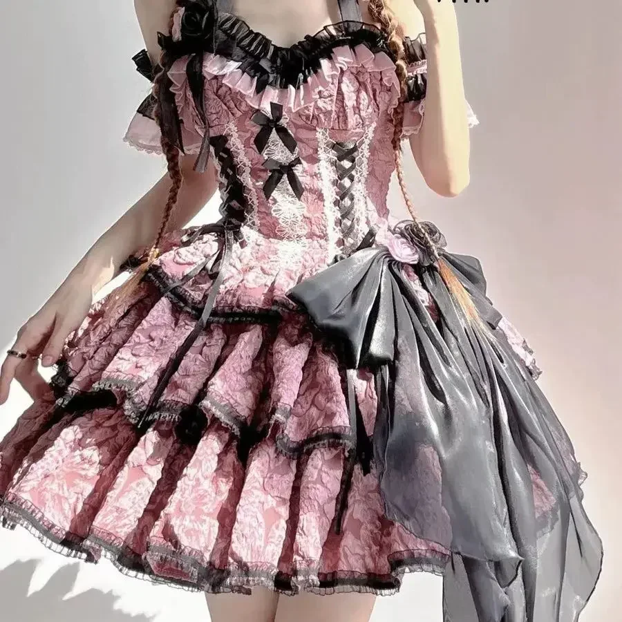 Magogo gótico lolita op vestido feminino vitoriano retro elegante flor babados renda bandagem mini vestido de halloween menina doce vestido