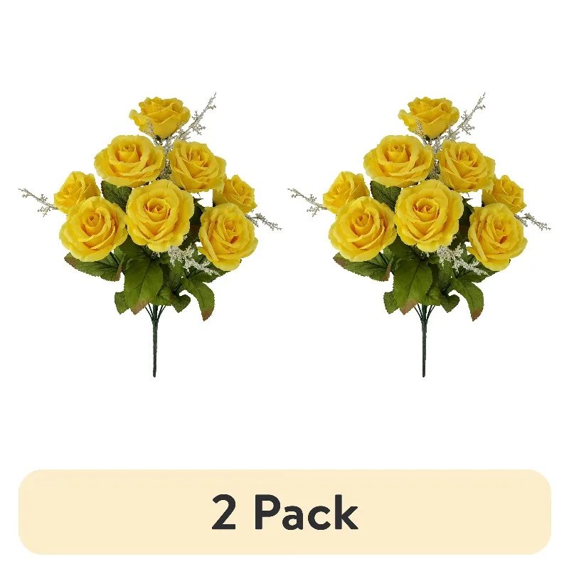 

(2 pack) 17.5 inch Artificial Flower Rose Bush, Yellow Color. Indoor Use.