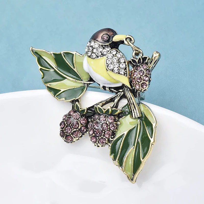 Wuli&baby Cute Fruits Bird Brooches For Women Unisex Enamel Rhinestone Plants Animal Party Office Brooch Pins Gifts