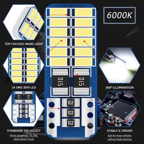 Imagen 2 del producto 2/6/10/20 piezas T10 W5W luz LED Interior del coche T10 24 SMD 3014 Chip blanco cálido azul hielo lámpara de liquidación bombilla de luces de instrumentos de automóvil