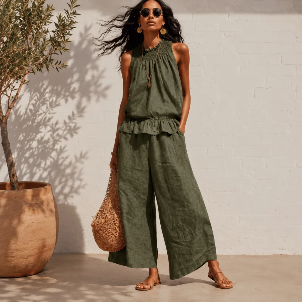Faux Linen Ruffle Outfit Smocked Neckline Ruffle Hem Ladies' Suit Solid Color Sleeveless Summer Resort Wear Beach Vacation
