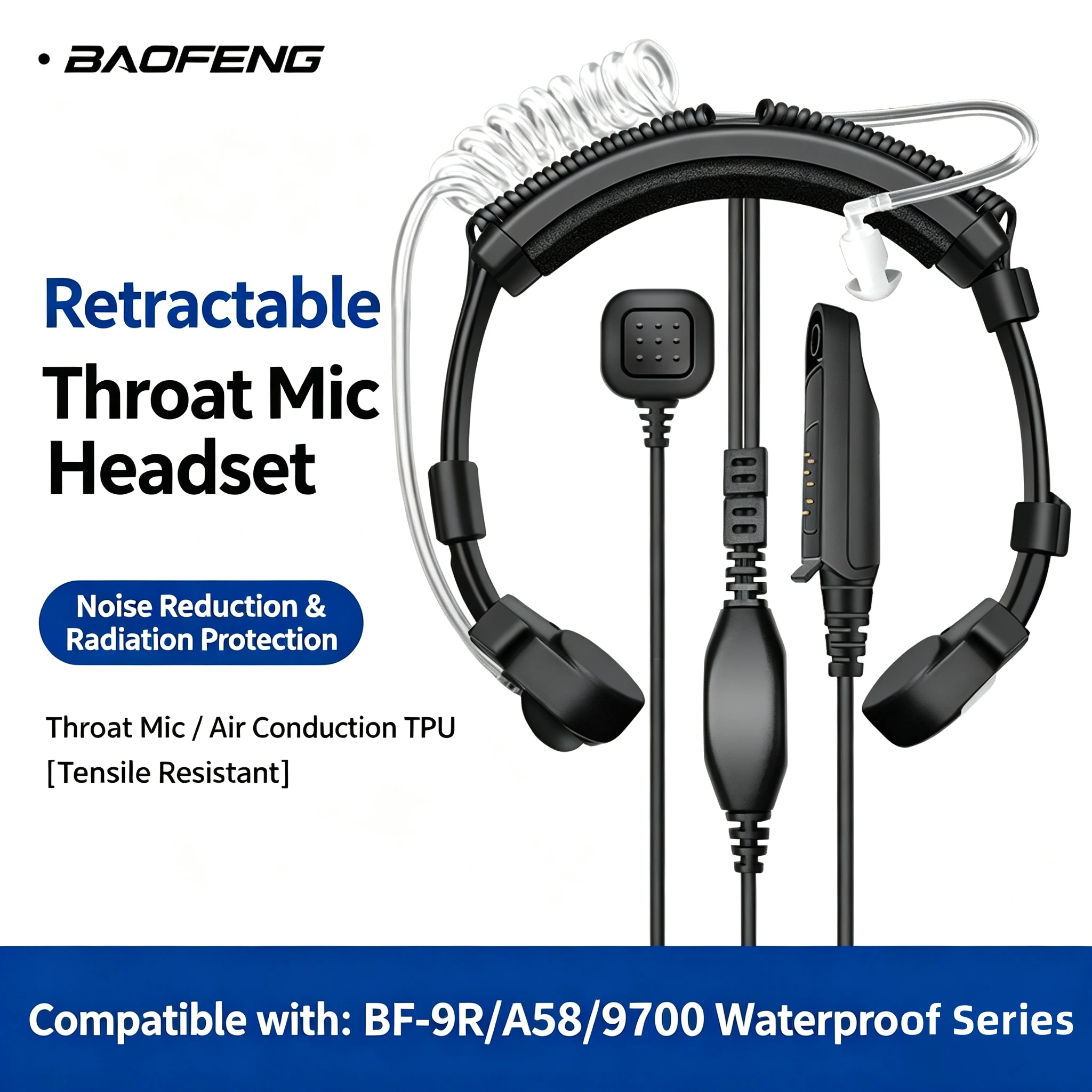 Microphone auriculaire Baofeng avec contrôle vocal, conduit d'air, bouton PTT, connexion étanche