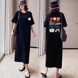 2024 Summer New Cartoon Printing Large Straight T Shirt Long Skirt Loose Raglan Short Sleeve Dress Extra Length Robe