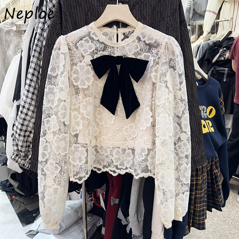 Neploe Moda Western Age Reduction Bow Lace Shirt Hollow Out All-match Korea Chic Literary Blouses Elegant Slim Commuter Blusas