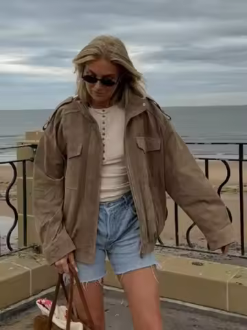 Fashion Loose Khaki Suede Jacket Women Lapel Zipper Long Sleeve Pockets Coat Female 2025 Spring Autumn Vintage High Street Tops