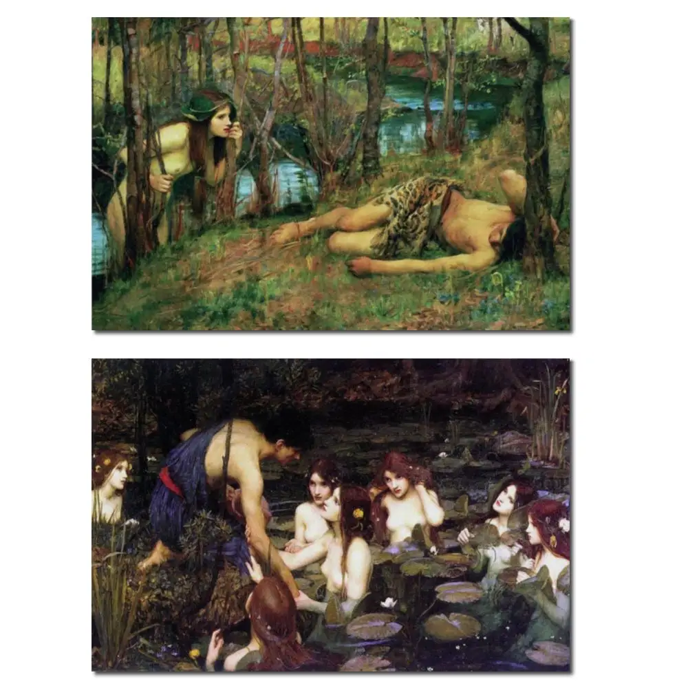 

Маленький размер масла на холсте John William Waterhouse Hylas and Nymphs, ручная роспись, шедевр телесного цвета для ванной комнаты, библиотека, настенный декор