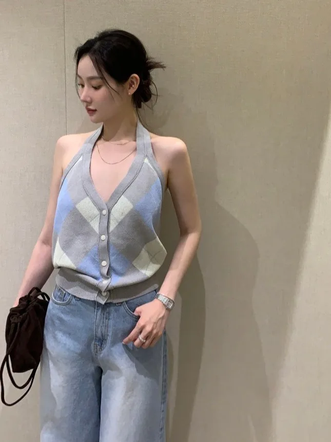 

Модный вязаный жилет женский летний новый шикарный Pure Desire Wind V-образный вырез из полиэфирного волокна для поездок на работу Sle