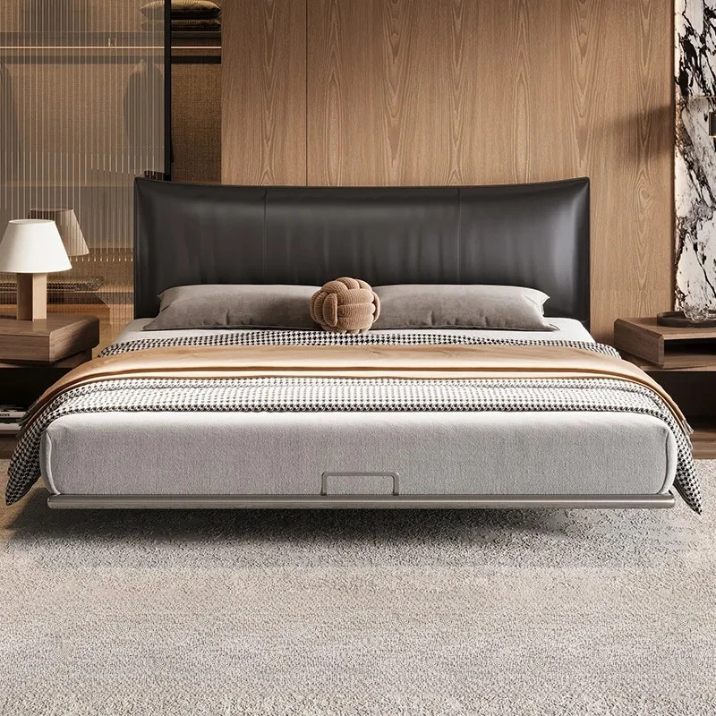 LTT Italian leather bed stainless steel frame simple black suspension double minimalist soft bag bed