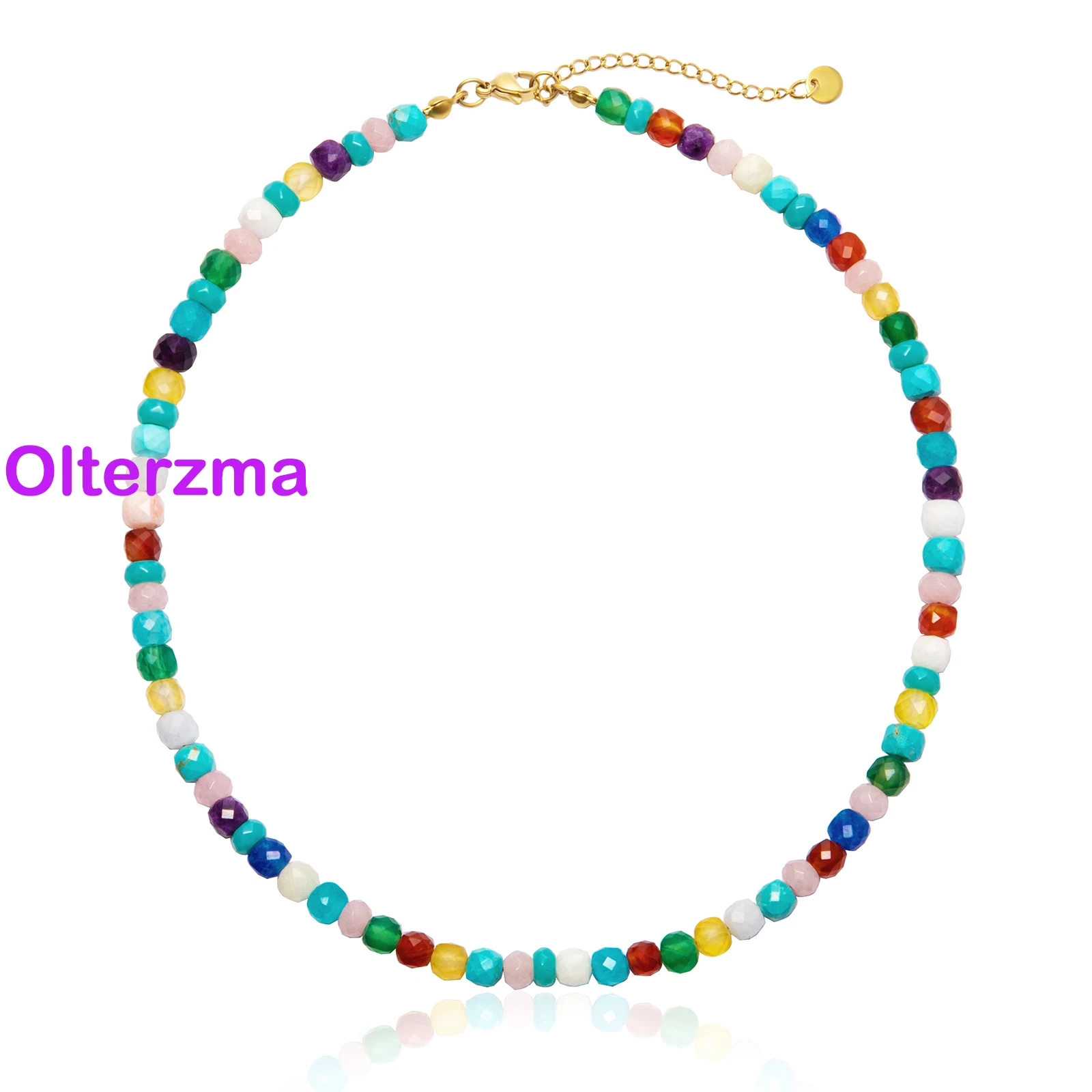 Olterzma Natural Stone Colorful Beaded Necklace for Women Y2K Stainless Steel Gold Plated kallaite Agates Beads Summer Jewelry