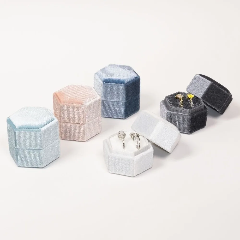 Fashion Velvet Hexagon Vintage Ring Box High-End Double Slot Ring Storage Box Soft Mini Jewelry Organizer Engagement