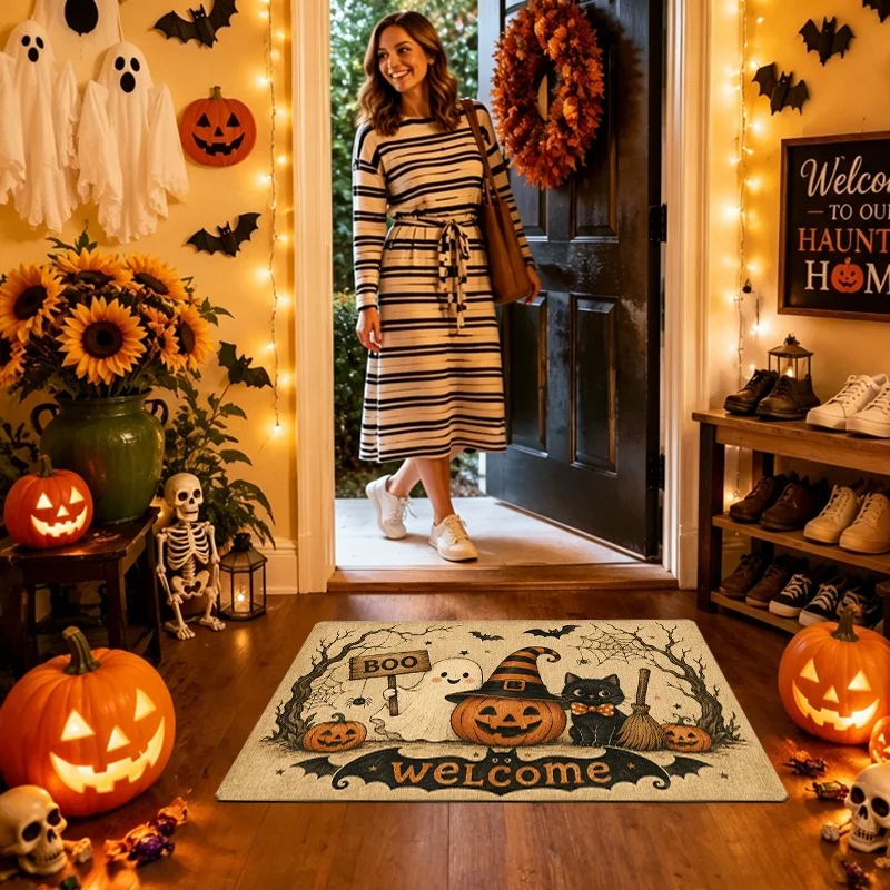 Halloween Gnome Pumpkin Doormat, Plaid Bat Spider Web Print Entry Mat, Spooky Front Door Decor