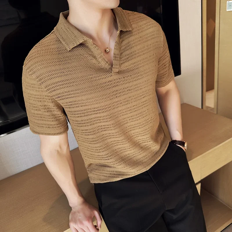 Men\'s Knitted V-neck Polo Shirt 2024 Summer New Breathable Hollow Out Solid Color Casual Short Sleeved T-shirt Men\'s Clothing