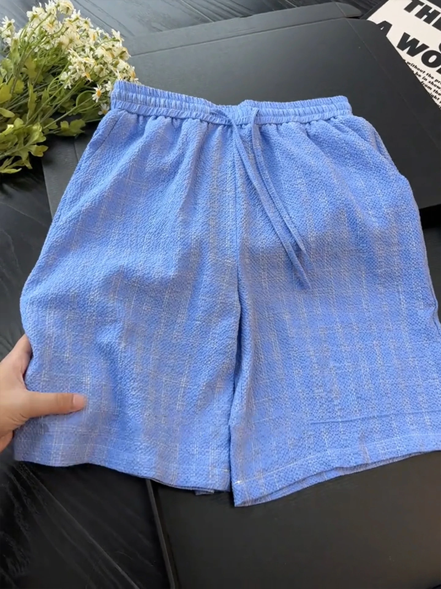 

Blue Retro Bubble Cloth Plaid 4-5 Shorts Men's Summer Lazy Casual Breathable Beach Shorts Standard Fit Machine Embroidery mid...