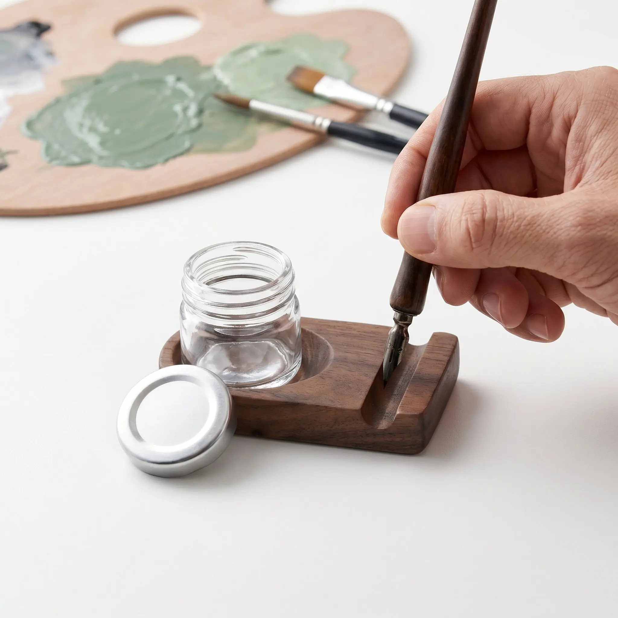 1Set Wood Calligraphy Pen Holder Well Nib Rest Glass Ink Bottle Stand Desk Organizer Pen Rest for Hand Lettering Artists