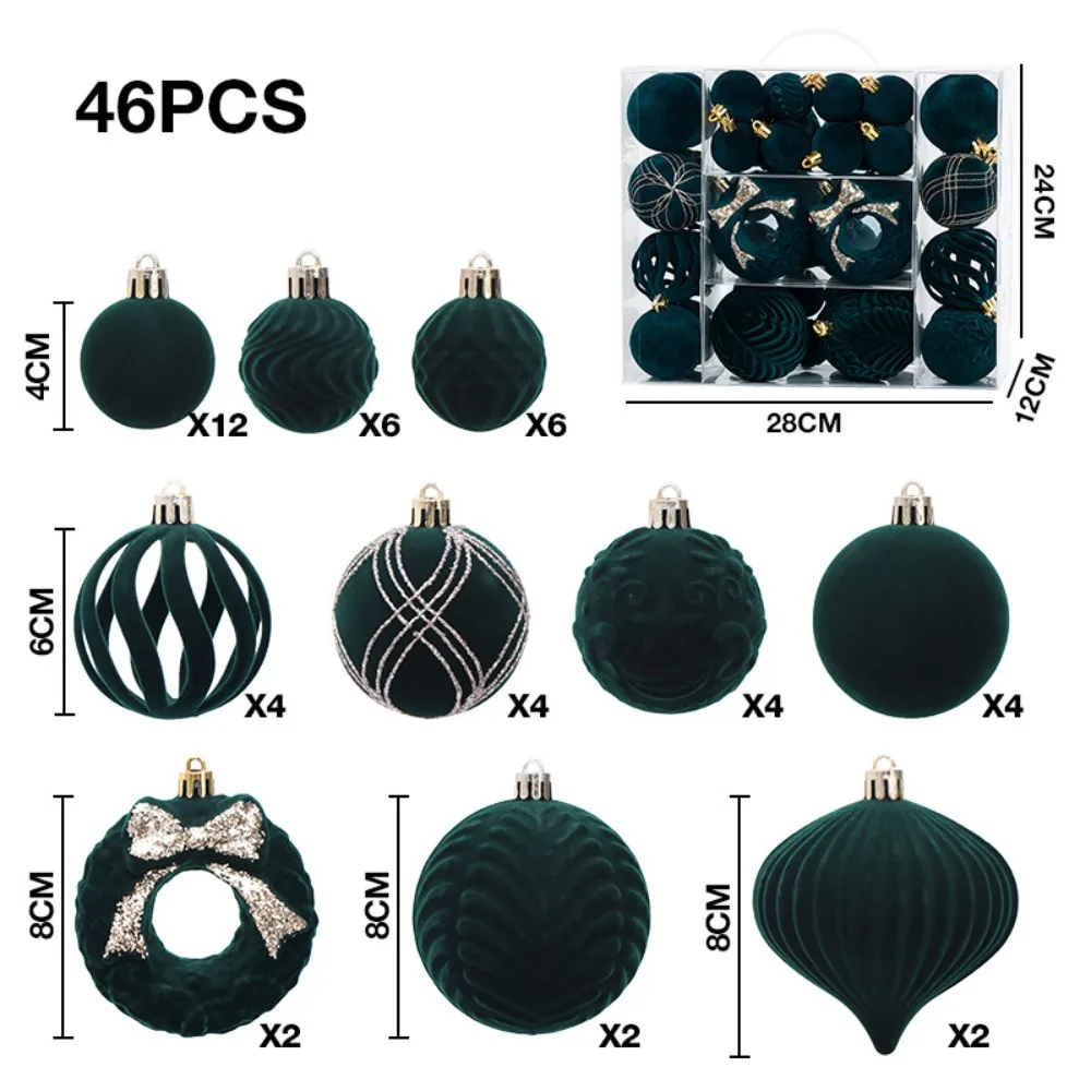 46Pcs Flocked Design Flocked Christmas Balls Hand Painted Multi Color Painted Ornament Ball Hanging Style Plastic