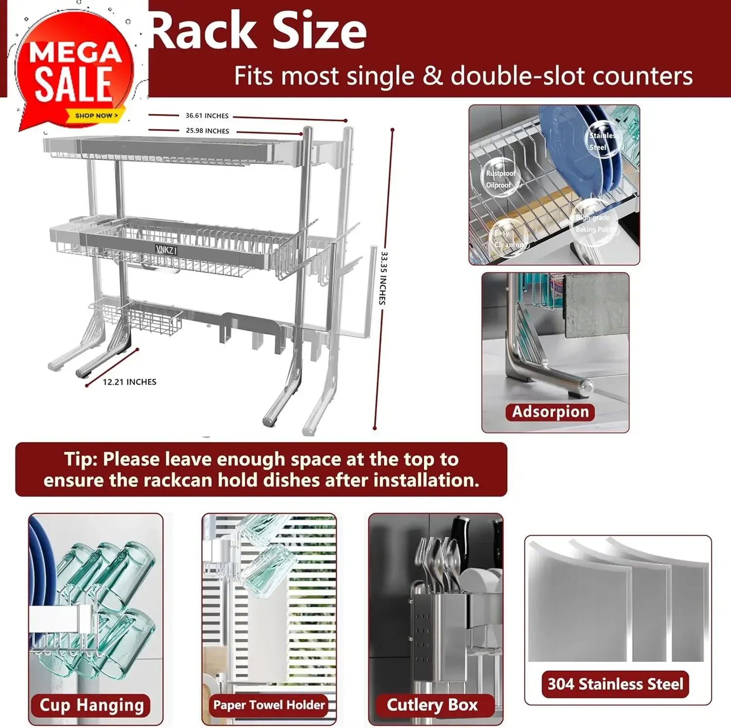 Hot SalesOver Sink Dish Drying Rack, 3 Tier Full Stainless Steel Storage Adjustable Length (25.98'' To 36.61'') Kitchen Rack, Mu