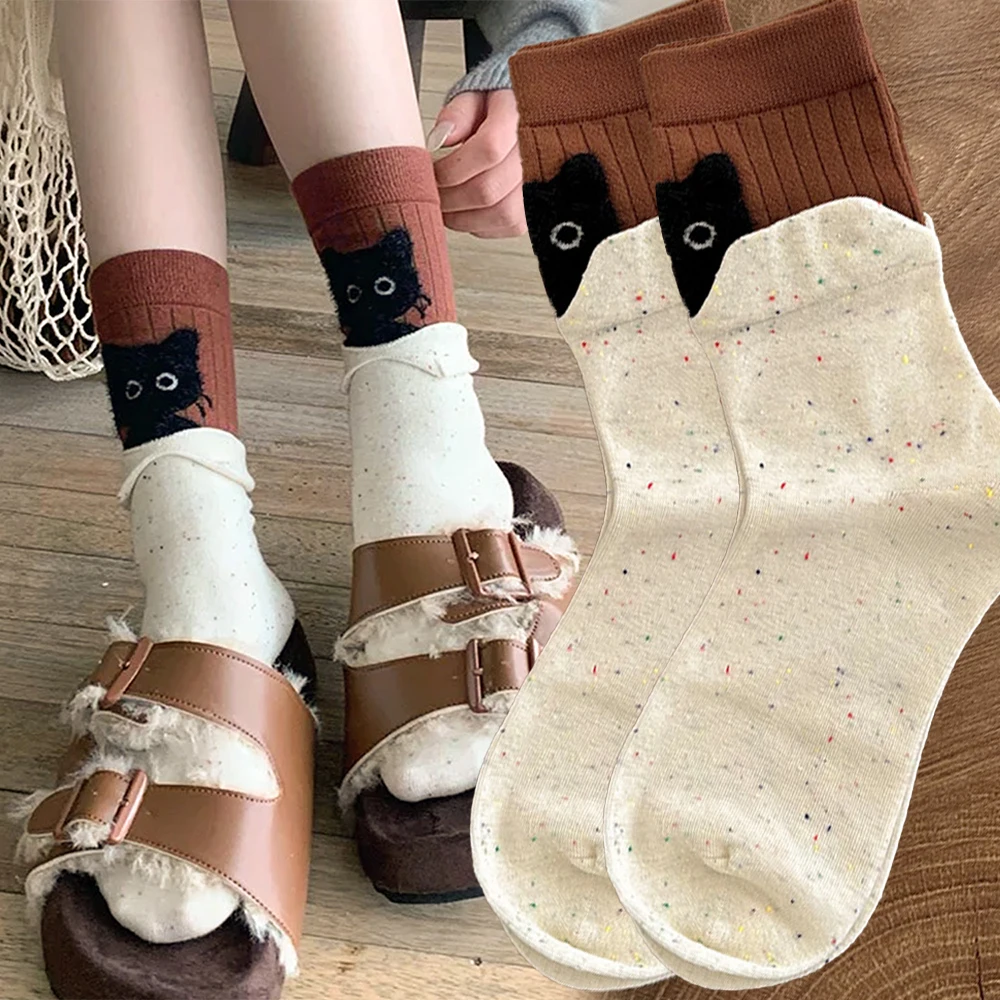 

2025 New Fashion Japanese Cute Cartoon Kitten Soft Mid Tube Socks Women's Autumn Winter Warm Stacking Socks Floor Sleeping Sock