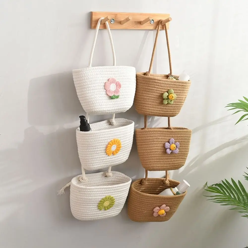 

Cotton Rope 3-Layer Woven Hanging Baskets Handmade Bohemian Wall Storage Bag Decorative Large Capacity Sundries Storage Basket