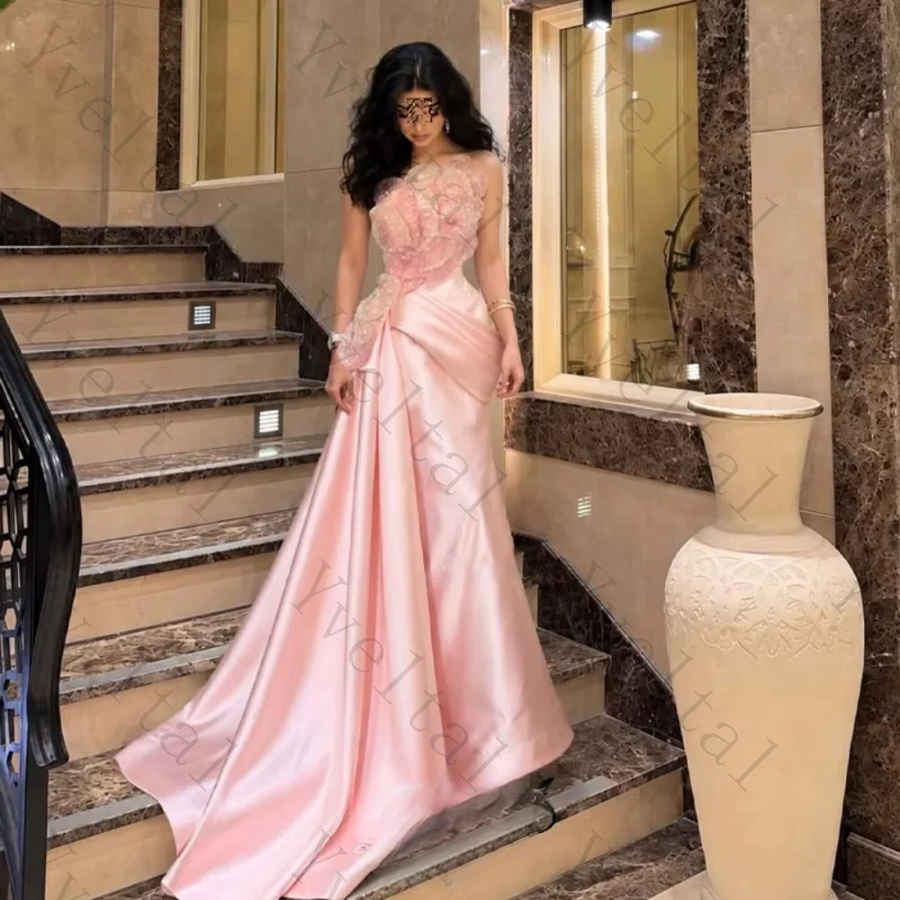 Customized Pink Satin Evening Gown Sleeveless Appliques Draped Bodice Sweep Train Formal Dress for Prom Wedding Guest Party
