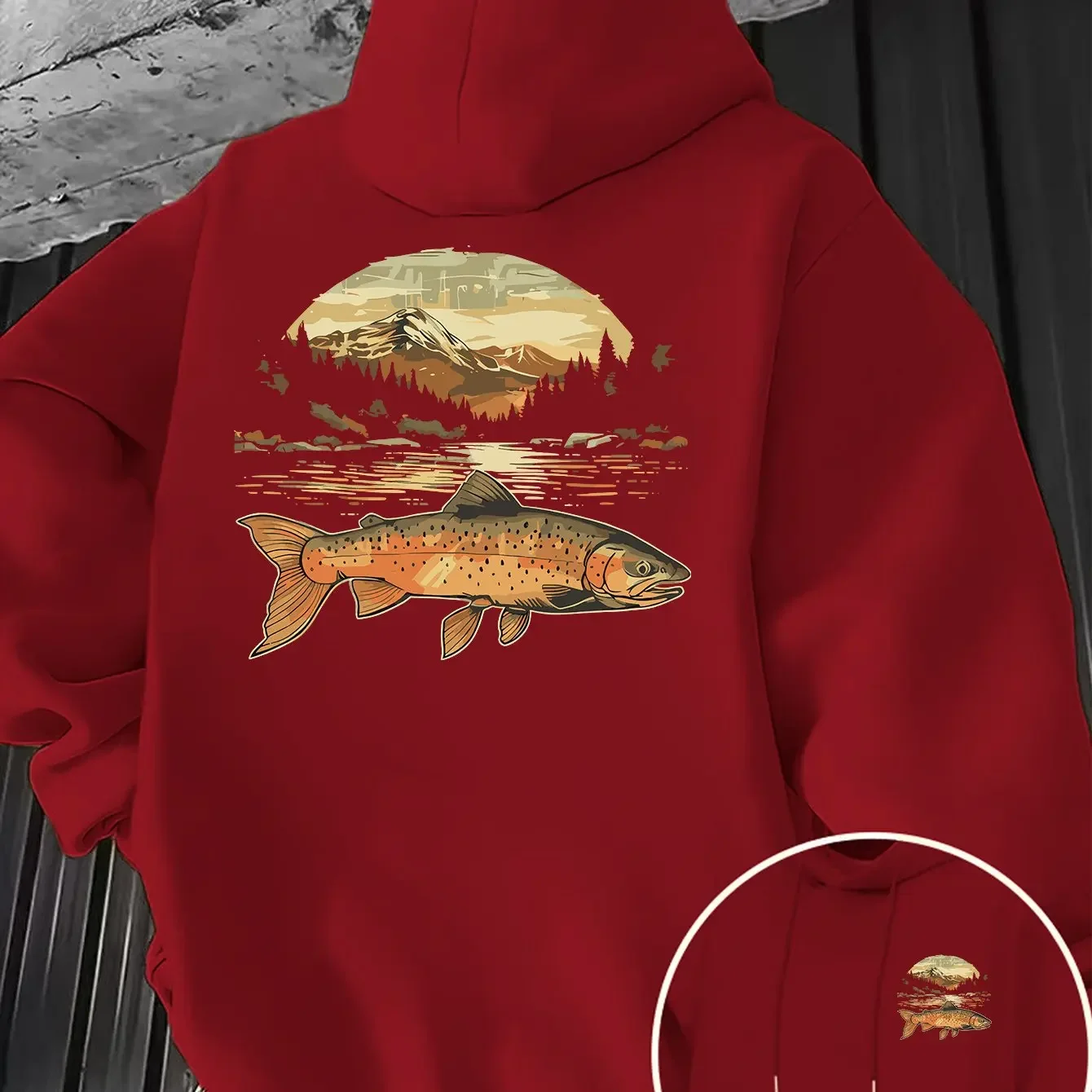 Men's Korean Style Trout Hoodie Vintage Fish Mountain Forest Graphic Oversized Sweatshirt Fishing Casual Outdoor Streetwear
