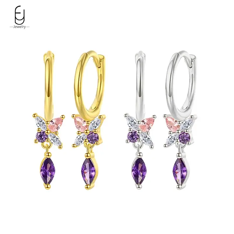 

925 Sterling Silver Ear Needle Purple Crystal Geometry Pendant Earrings For Women Fashion Water Drop Earrings Fine Jewelry Gift