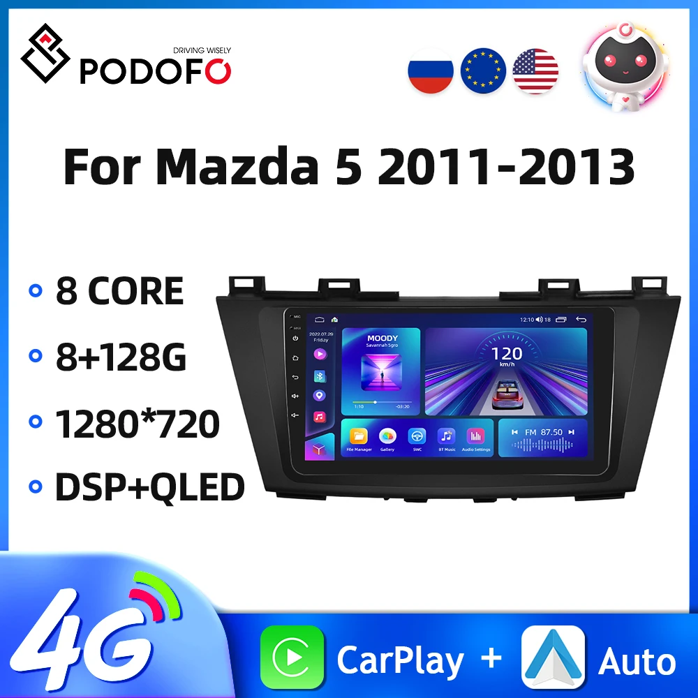 Podofo 9'' 2Din Car Radio For Mazda 5 2011-2013 Multimedia Video Player GPS 8Core Carplay Android Auto 4G WIFI DSP Car Stereo