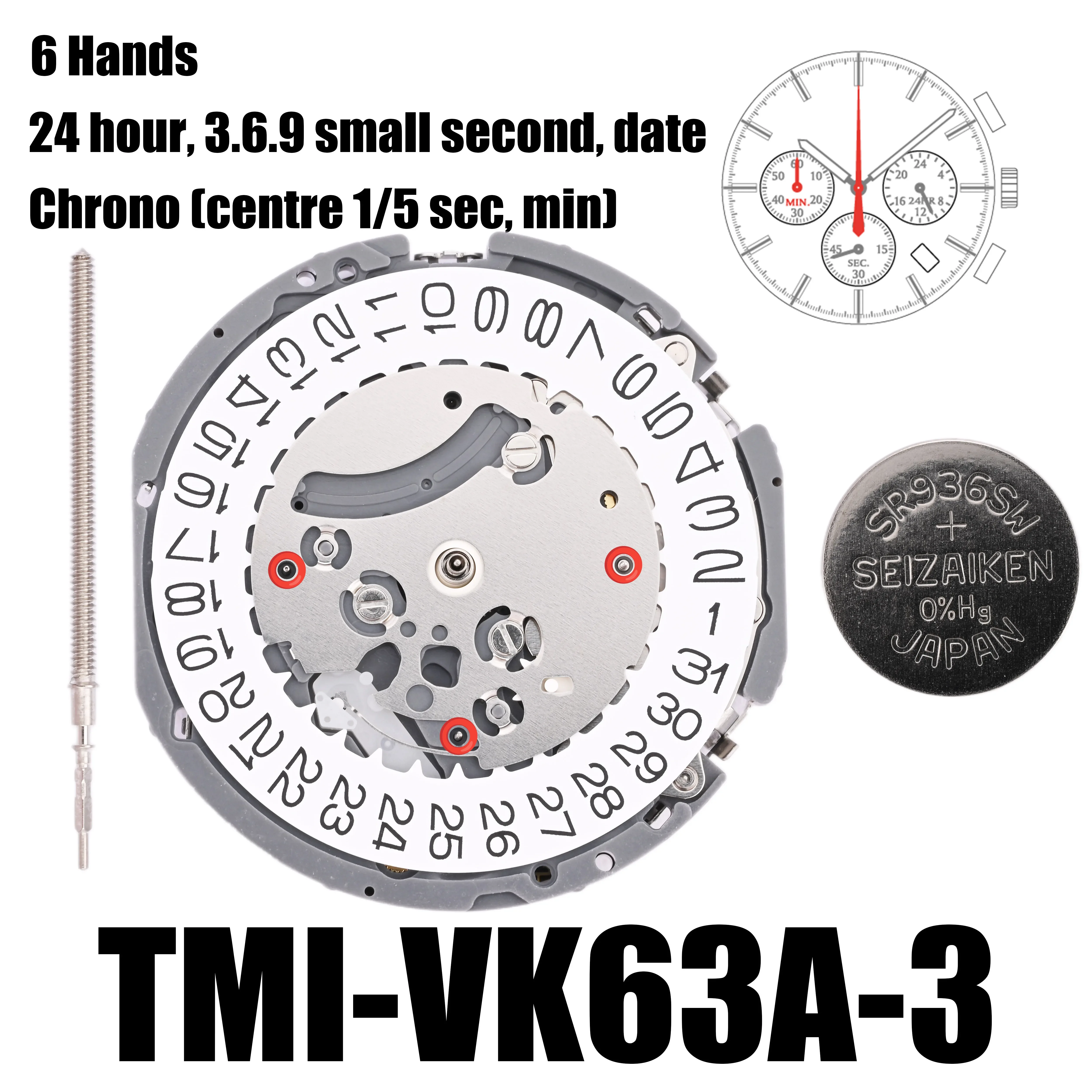 VK63 Movement TMI VK63-3 Movement 6 Hands Size: 13 ½‴ Height: 5.10mm 24 hour date at 3 o'clock 3.6.9 Small Seconds