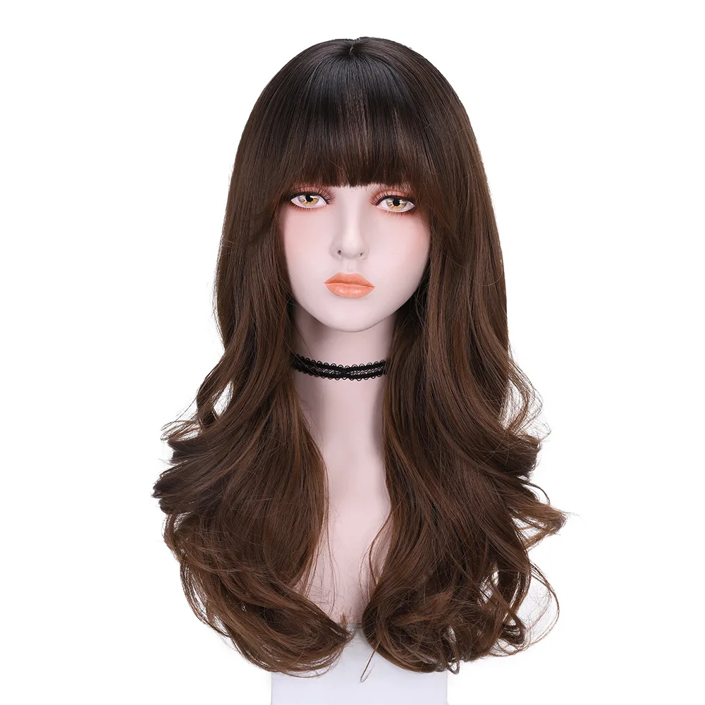 

New wig female long curly hair full head cover fluffy natural curly bangs brown gradual change whole hair cover wigs