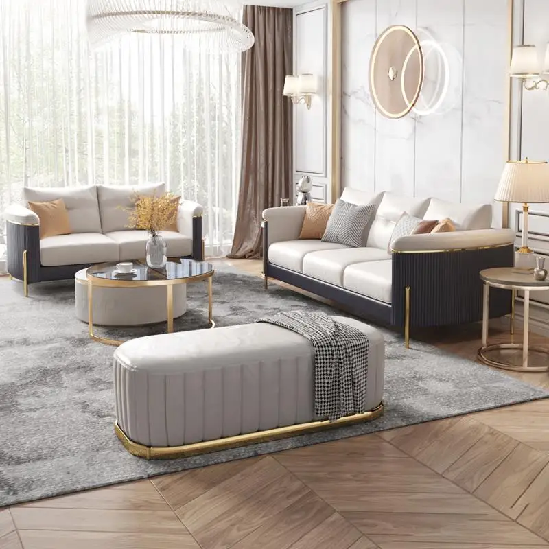 Leather Sofa Set Modern Minimalist Couch For Large Villa Living Room Luxury Indoor Furniture Household Light Luxury Sofa