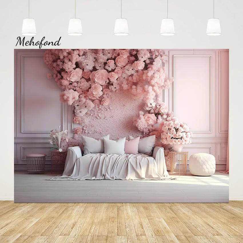 Mehofond Photography Background Indoor Christmas Pink Flower Wall Girls Birthday Party Xmas Sofa Decor Backdrops Photo Studio