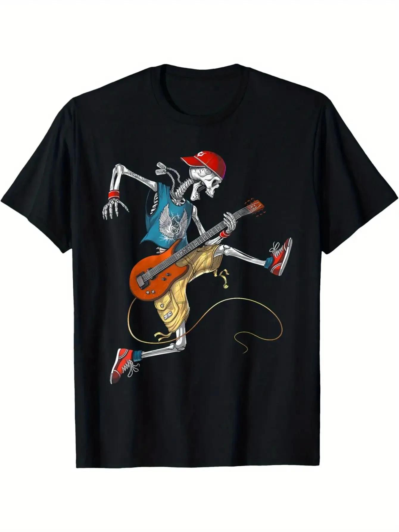 

Men's 100% Cotton Oversized Streetwear T-Shirt Band Skeleton Guitar Graphic Retro Music Tee Crew Neck Short Sleeve Casual Top
