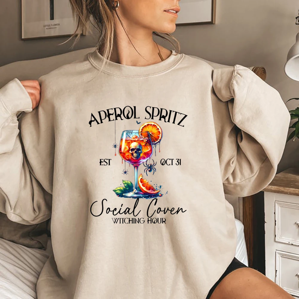 Aesthetic Aperol Spritz Halloween Sweatshirt Spooky Halloween Hoodie Cocktail Sweater Wine Club Shirts Unisex Casual Sweatshirts