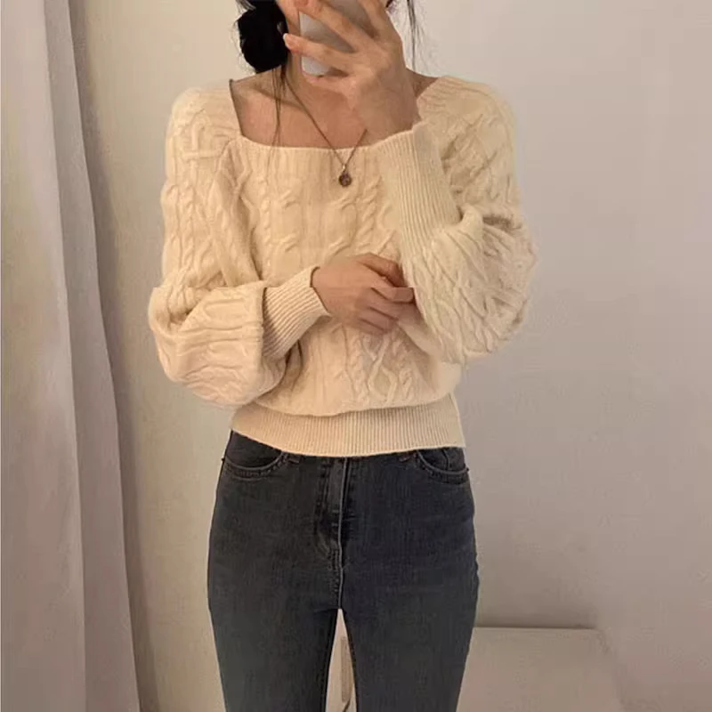 

Autumn Raglan Long Sleeve Solid Color Tops Fashion Square Collar Knitted Pullover Casual Chic Slim Sweater Sueter Mujer 28830