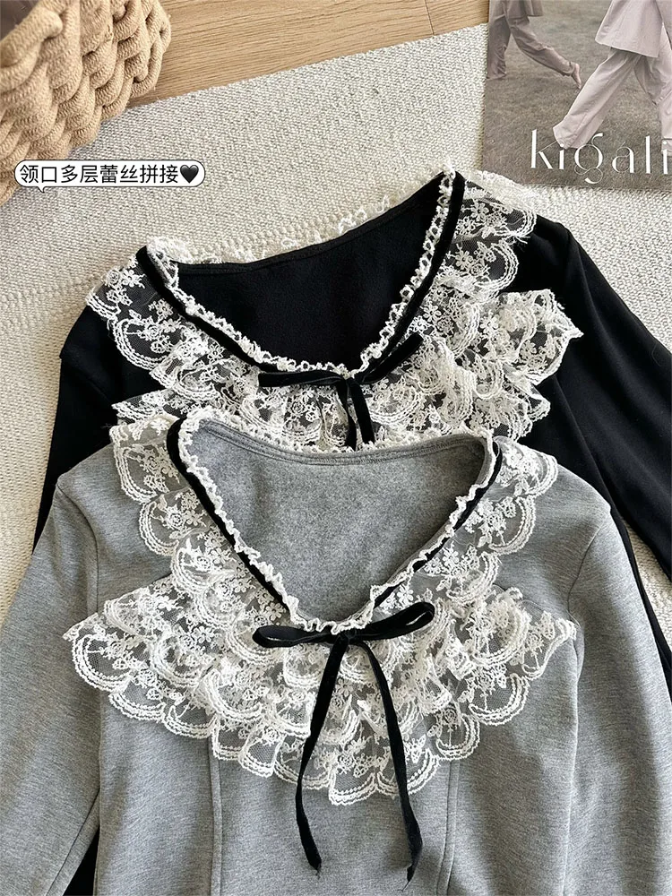 Korean Fashion Court T-Shirts Bohemian Chic Lace V-Neck Sweet Tees Gyaru Bow Crop Top Luxury Aesthetic Streetwear High Street