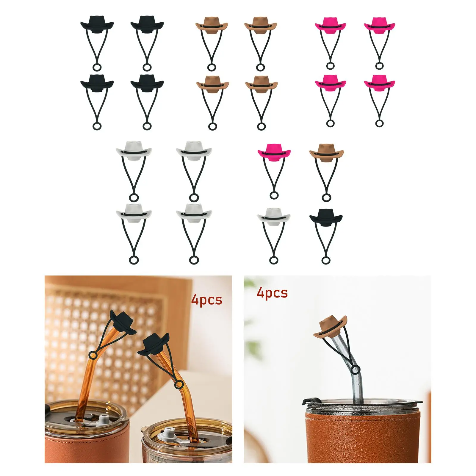 4x Straw Tips Cover Splashproof for 6 to 10mm Straws Decorations Cute Cowboy Hat Straw Cover for Gifts Party Favors Kids Adults