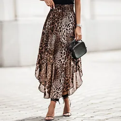 Leopard Skirt for Women Pleated Slit Cut High Waist Long Skirt French Fashion Loose Elegant Elastic Waist Mid-Calf Skirts