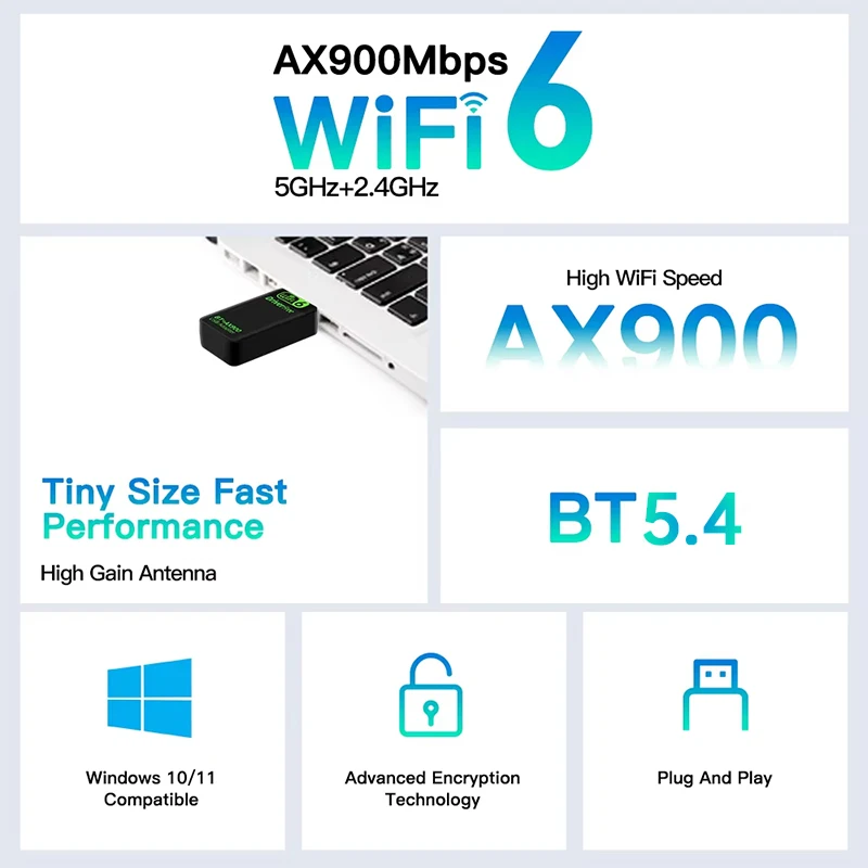 Baru AX900 USB WiFi6 Bluetooth 5.4 2in1 Adaptor Dual Band 2.4G & 5GHz Jaringan Nirkabel Penerima Wlan Driver Dongle Gratis untuk Win10/11