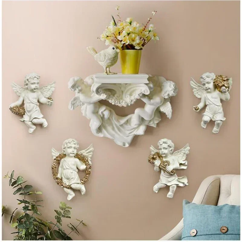 

European Home Furnishing Creative Angel Three-dimensional Wall Background Mural Craft Decoration Resin Wall Holder Hanging Shelf