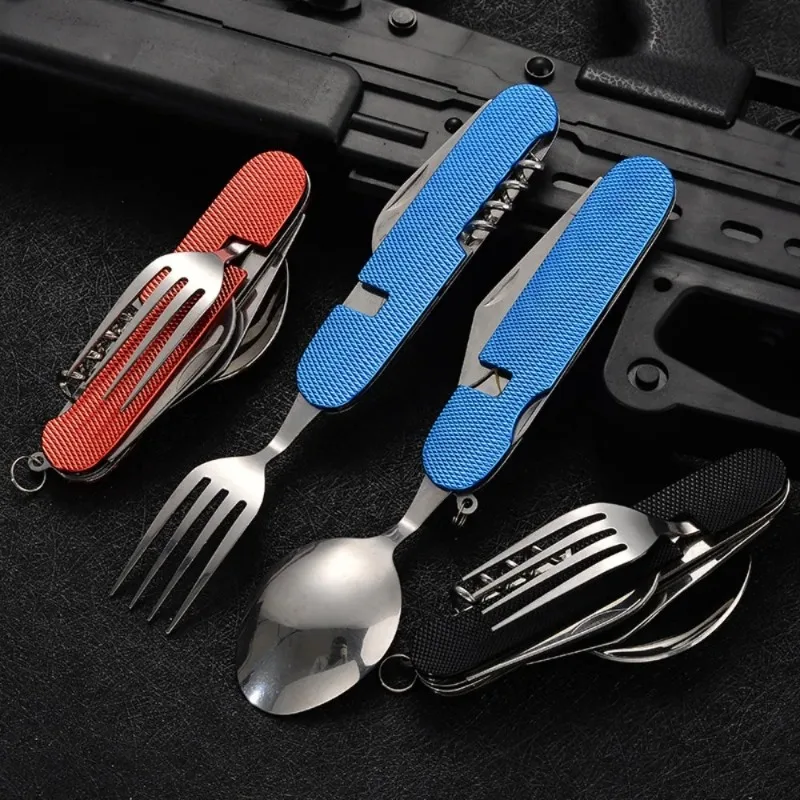 Stainless Steel Cutlery 4-in-1 Set - Foldable Knife, Fork, Spoon & Bottle Opener, Compact Outdoor Picnic Tableware Camping Tool