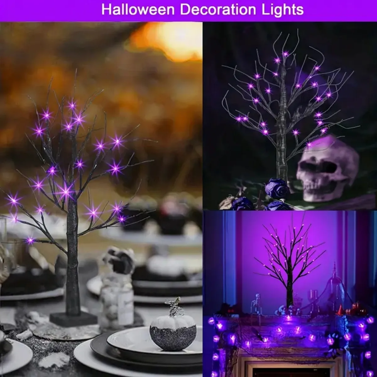 1 Stück 24 LED orange und lila beleuchtete Halloween künstliche Birke Licht DIY schwarze Zweige Lichter Tischplatte Halloween gruselig – Detail 12