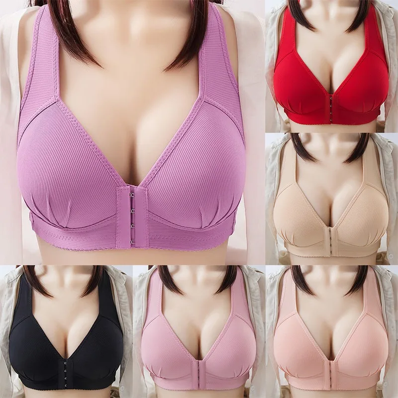 Front Button Buckle Style Bra Solid Back Without Steel Ring Bra Soft And Traceless Thin Size Underwear For Women's Bra