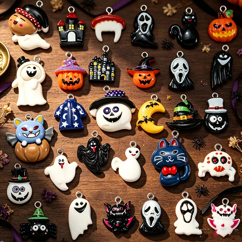 Funny 15Pcs/Pack Halloween Pendant Accessories Resin Pumpkin Ghost DIY Bracelet Necklace Earrings Hanging Keychain Decoration