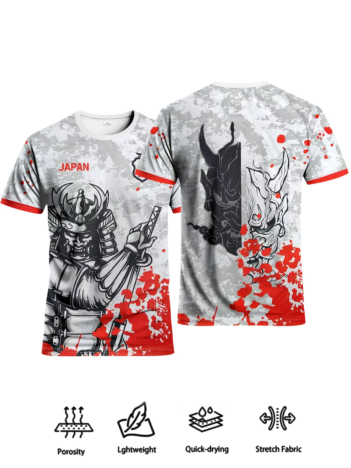 Mens Oversized Japanese Samurai Dragon Katana Print Short Sleeve T Shirt Quick Drying Casual Streetwear Sport Top for Daily