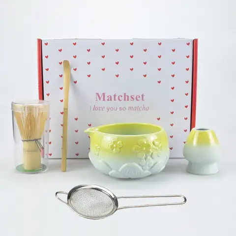 5pcs/set of Floral Matcha Tools, Including Floral Matcha Bowl, Tea Stand, Whisk, Paddle, Suitable For Gift Giving
