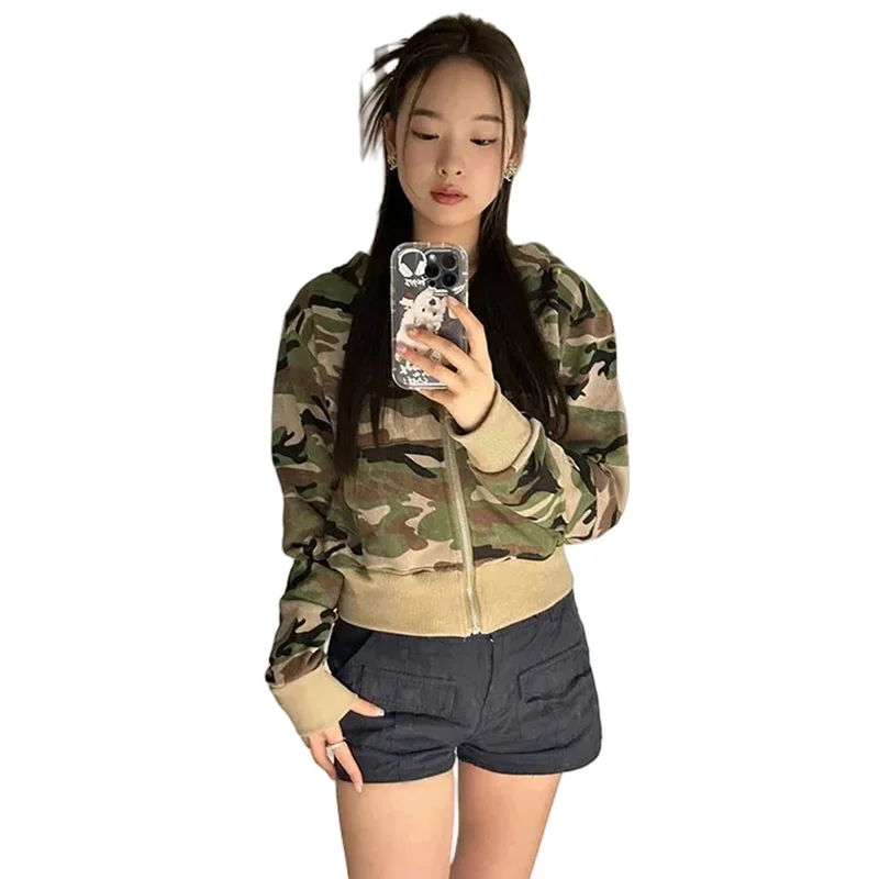 Japanese Y2k Cropped Jacket Vintage Harajuku Short Coat Korean Fashion Camouflage Zipper Hooded Sweatshirt Grunge