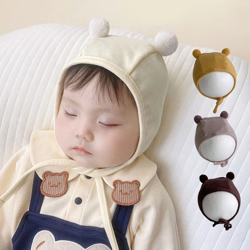 

Cute Baby Hat Spring Autumn Double Pompom Thin Cotton 0-8 Months Boys Girls Newborn Protect Ear Cap
