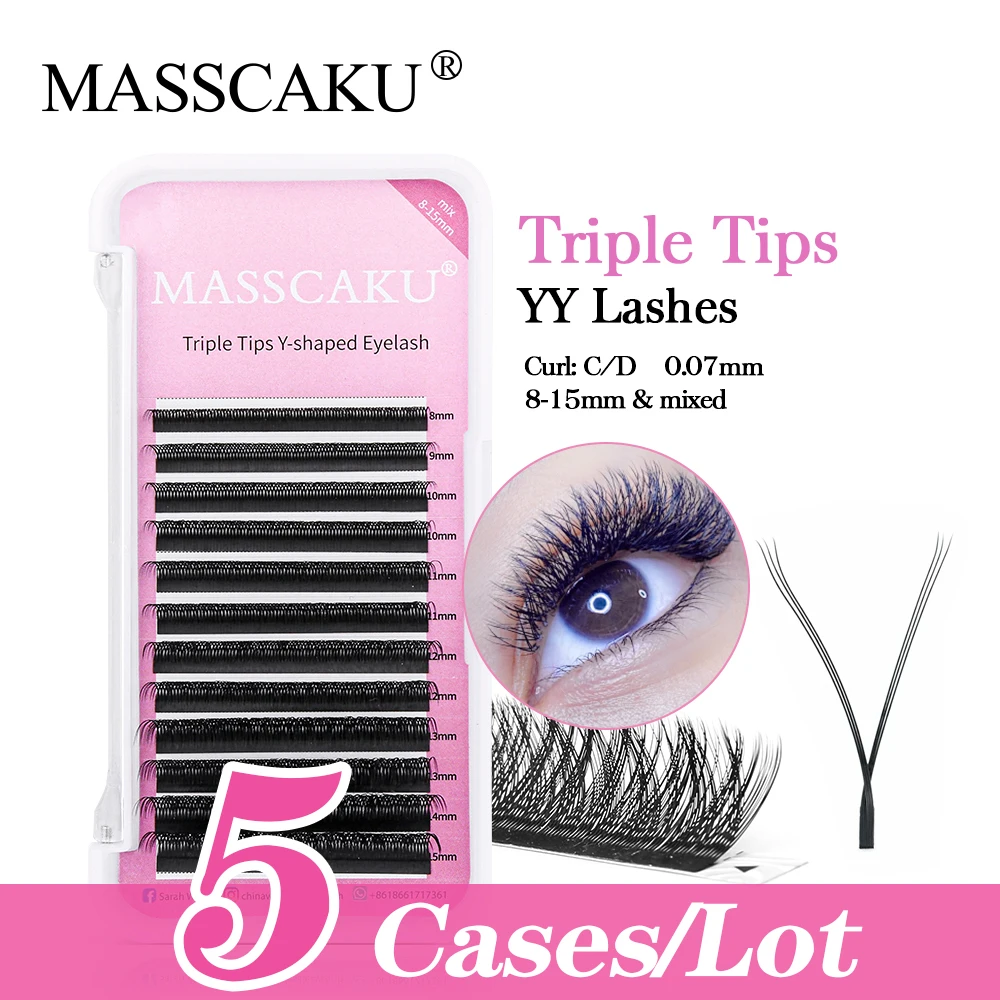 

MASSCAKU 5cases/lot Natural Soft Triple Tips YY Volume False Lashes C/D Curl Individual Makeup Mesh Net Cross False Eyelash