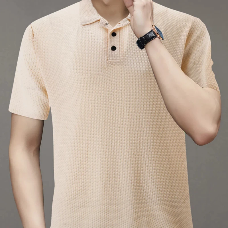 

Мужская одежда, однотонный пуловер с коротким рукавом и отложным воротником, Повседневная Классическая футболка на пуговицах, модные деловые топы, лето