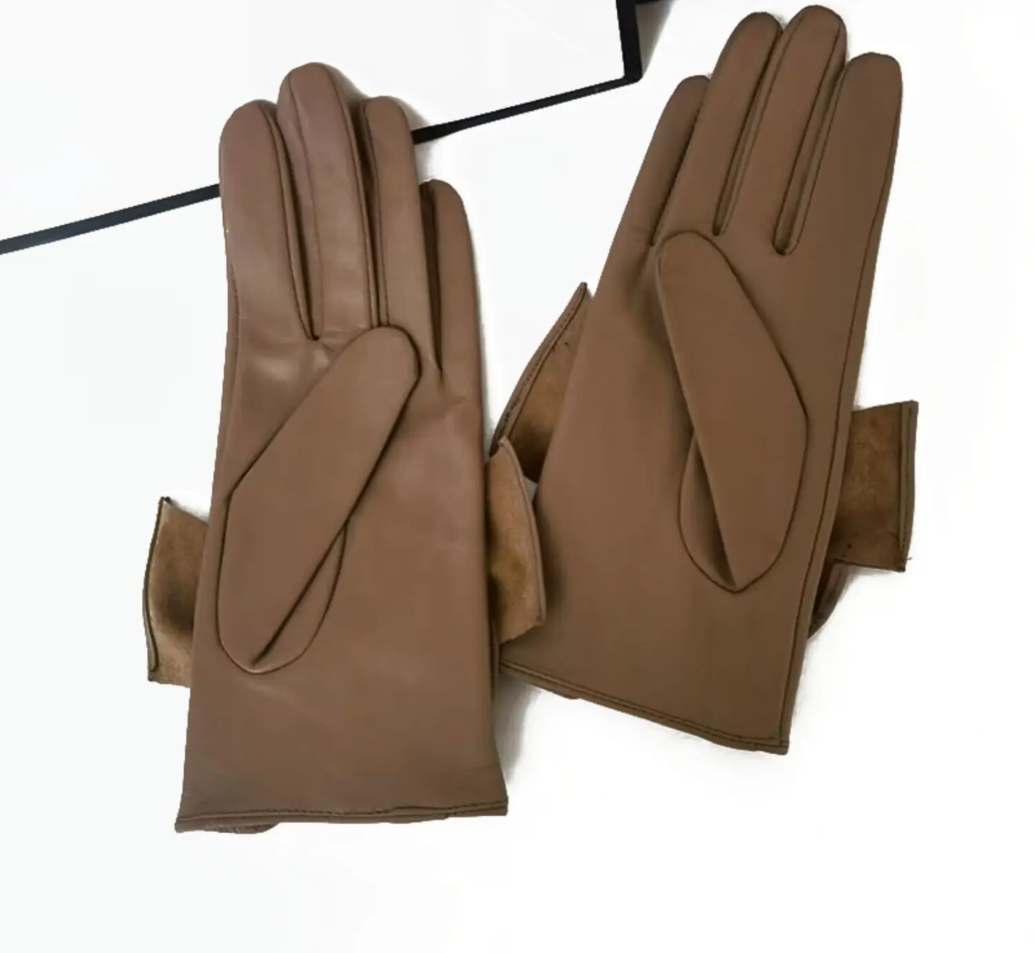 Guantes de piel de oveja auténtica para mujer, decoración de lazo, estilo fino, negro y marrón, invierno, nueva moda