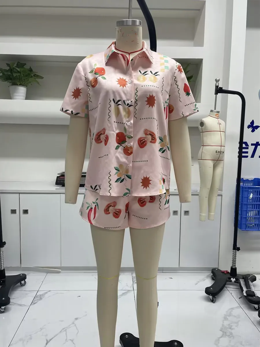 Women 2 Pieces Short Sets Summer Fruits Vegetable Prints Lapel Buttons Short Sleeve Tops +Shorts Pajamas Casual Comfy Loungewear